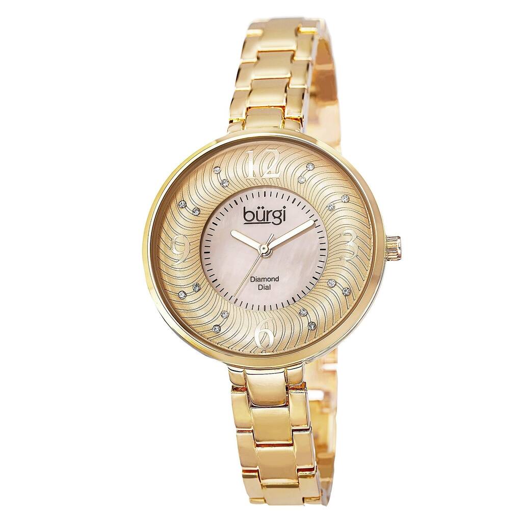 Burgi Women's Mother of Pearl Diamond-Accented Brass Chain Gold-Tone Watch