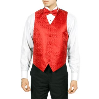 Ferrecci Men's Red Ripple Vest Bowtie Necktie and Handkerchief Set