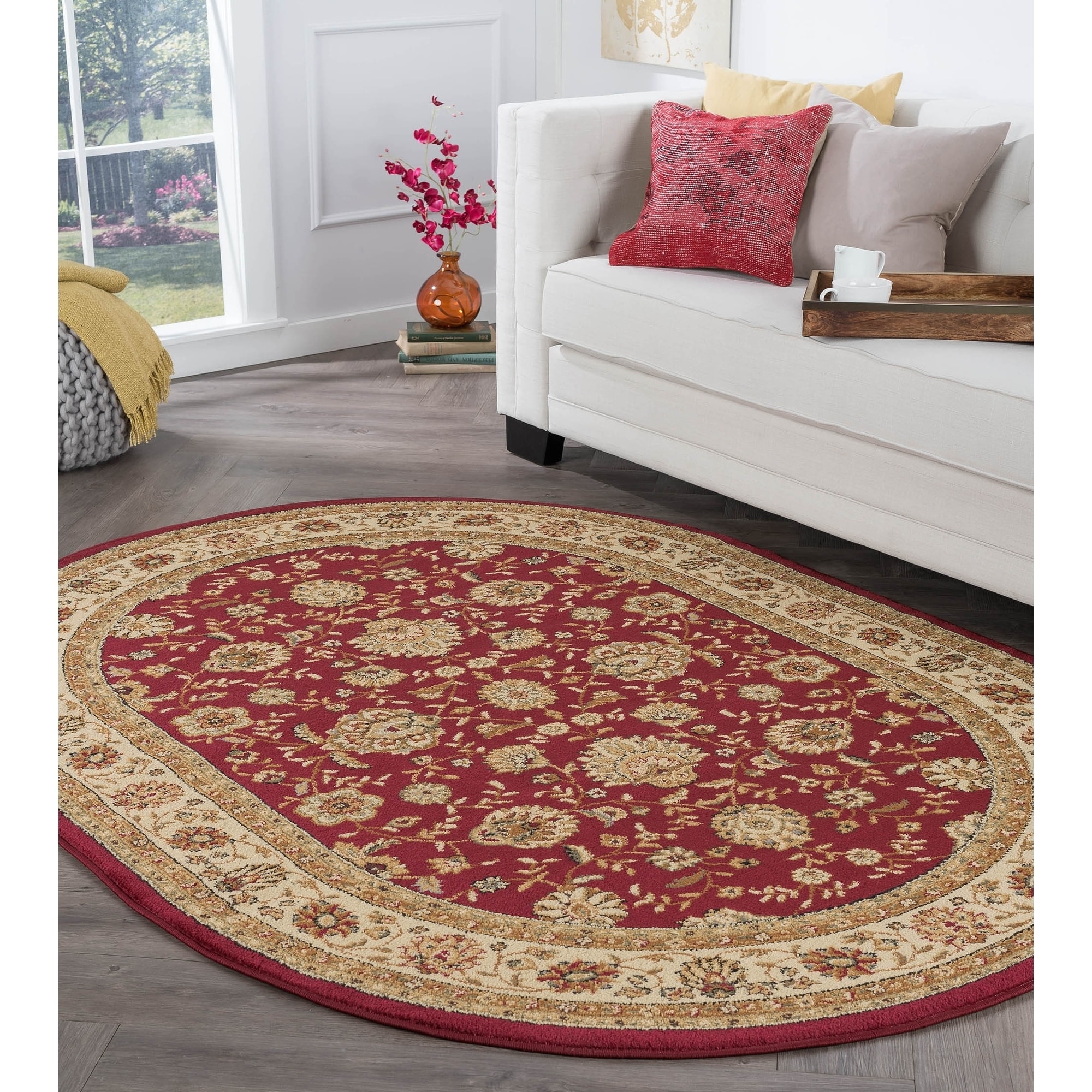 Rhythm 105140 Red Traditional Area Rug (5 3 X 7 3 Oval) (RedSecondary Colors Beige, black, greenShape OvalTip We recommend the use of a non skid pad to keep the rug in place on smooth surfaces.All rug sizes are approximate. Due to the difference of mon