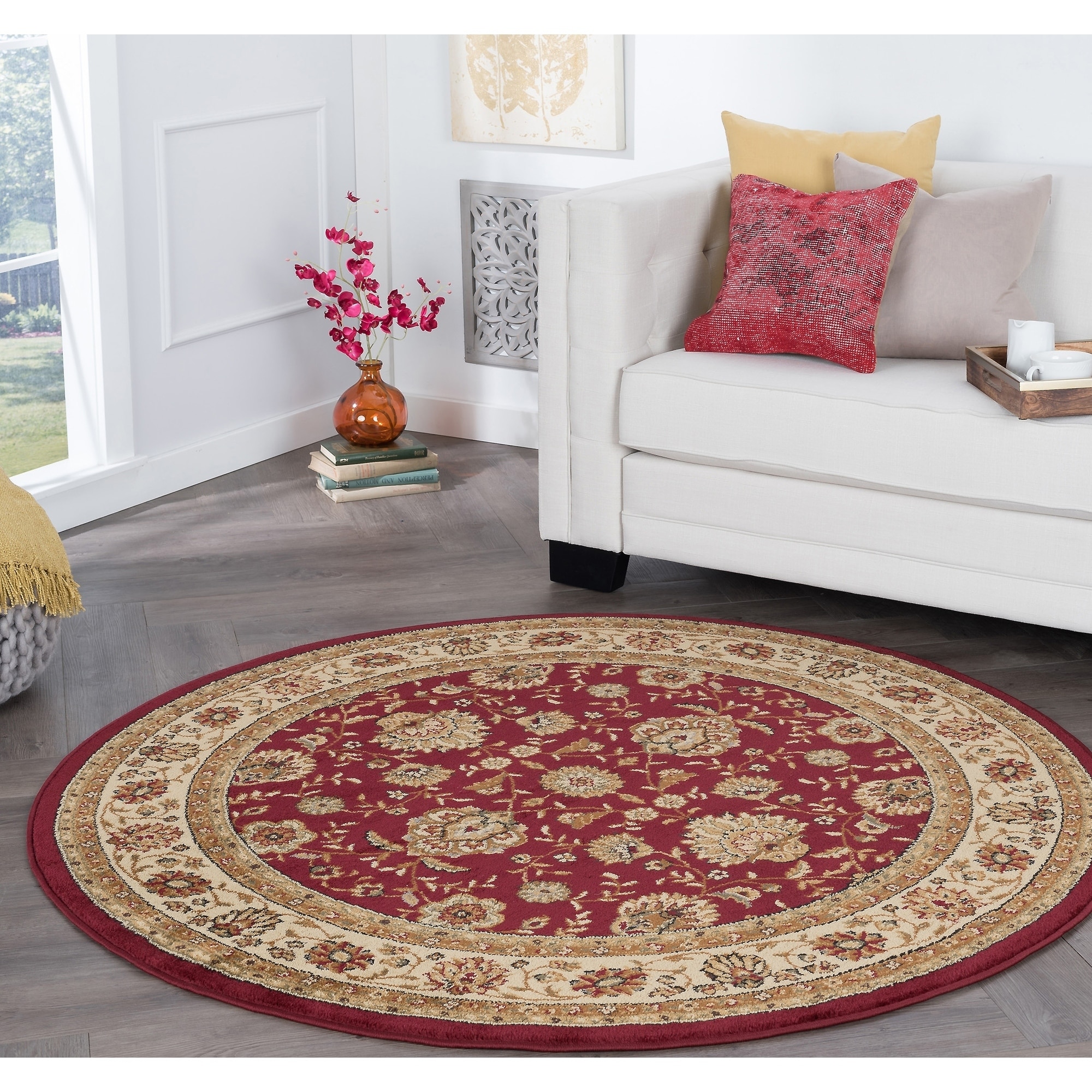 Rhythm 105140 Red Traditional Area Rug (7 10 Round) (RedSecondary Colors Beige, black, greenShape RoundTip We recommend the use of a non skid pad to keep the rug in place on smooth surfaces.All rug sizes are approximate. Due to the difference of monito