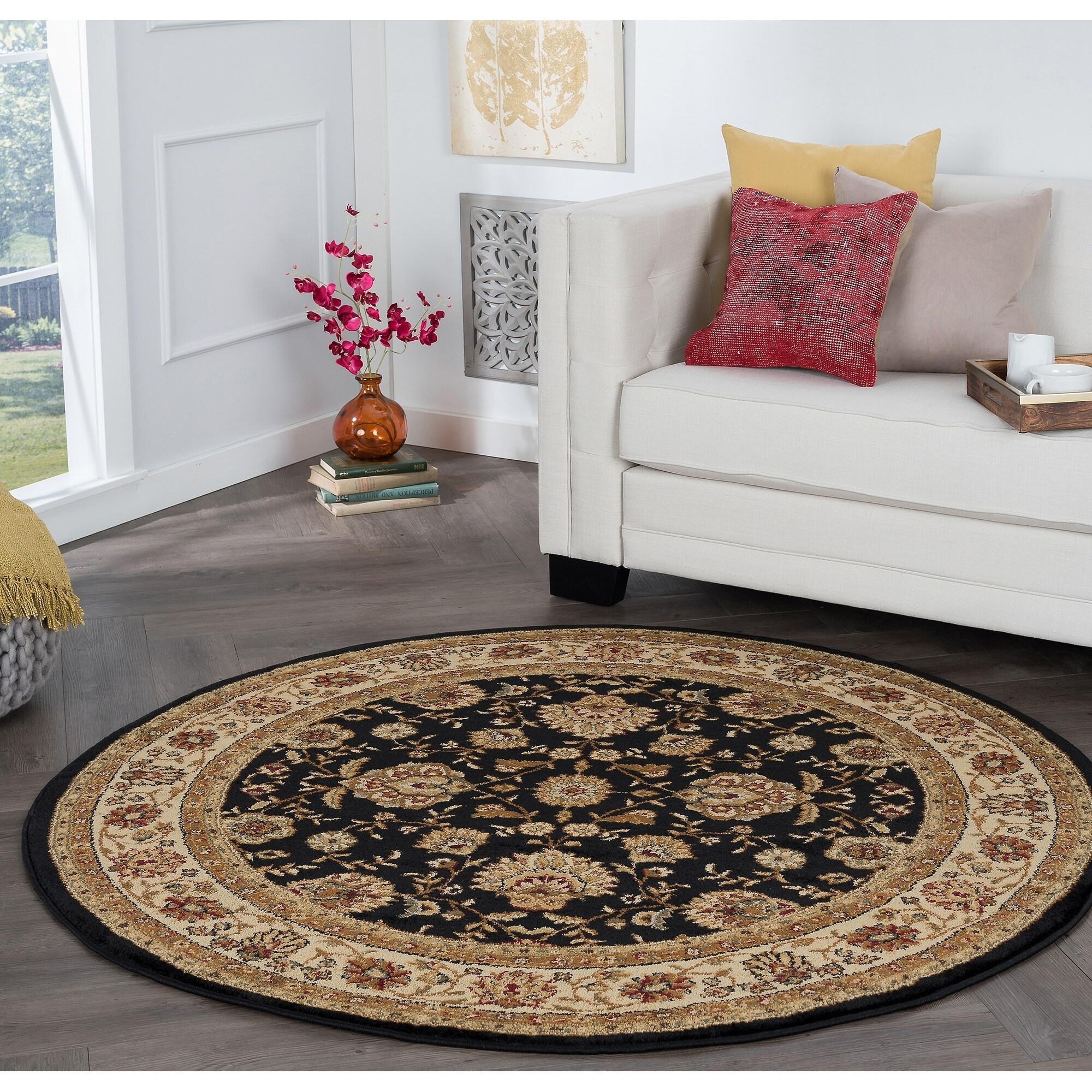 Rhythm 105143 Black Traditional Area Rug (5 3 Round) (BlackSecondary Colors Beige, red, greenShape RectangleTip We recommend the use of a non skid pad to keep the rug in place on smooth surfaces.All rug sizes are approximate. Due to the difference of m