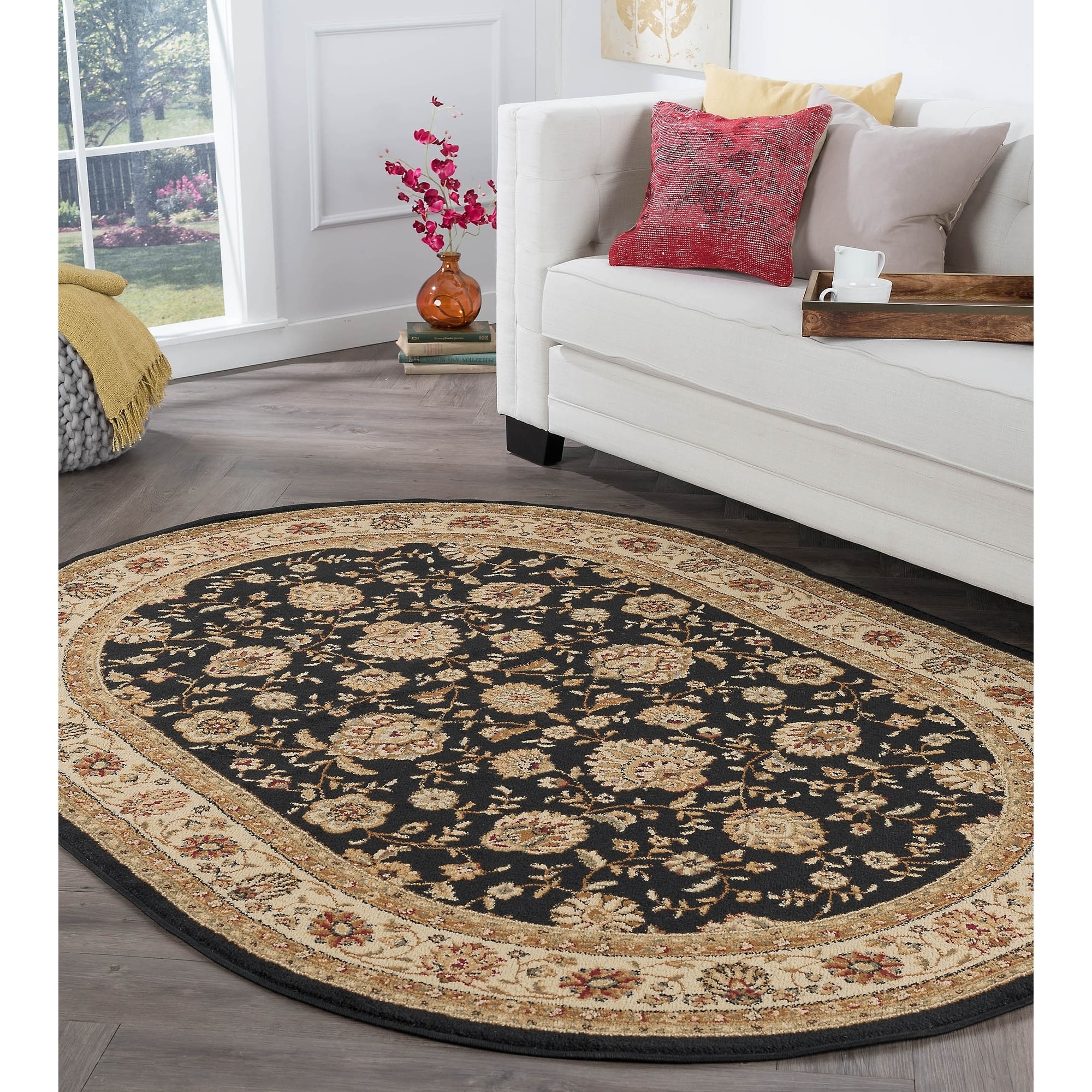 Rhythm 105143 Black Traditional Area Rug (6 7 X 9 6 Oval) (BlackSecondary Colors Beige, red, greenShape OvalTip We recommend the use of a non skid pad to keep the rug in place on smooth surfaces.All rug sizes are approximate. Due to the difference of m
