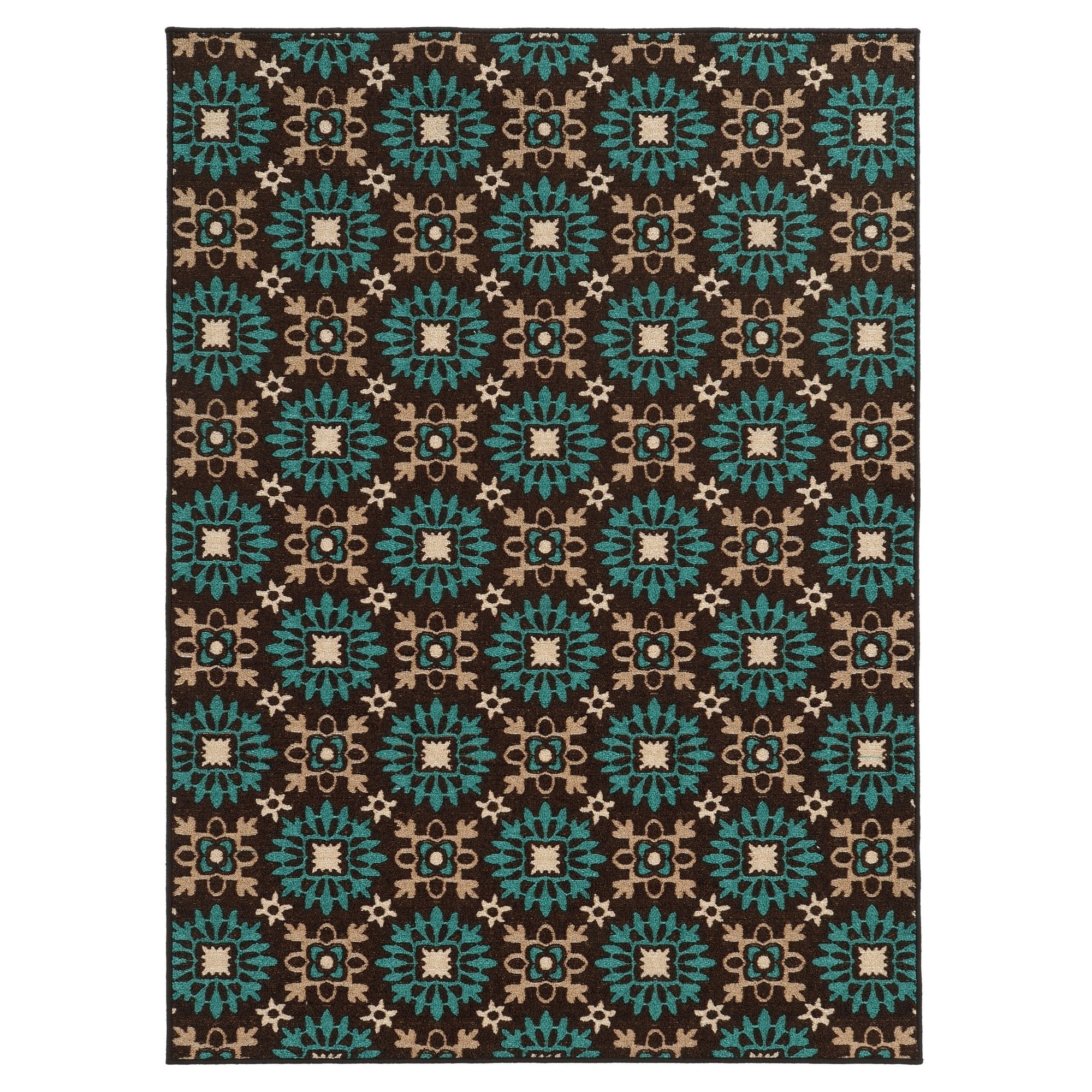 Loop Pile Casual Floral Brown/ Blue Nylon Rug (67 X 93)