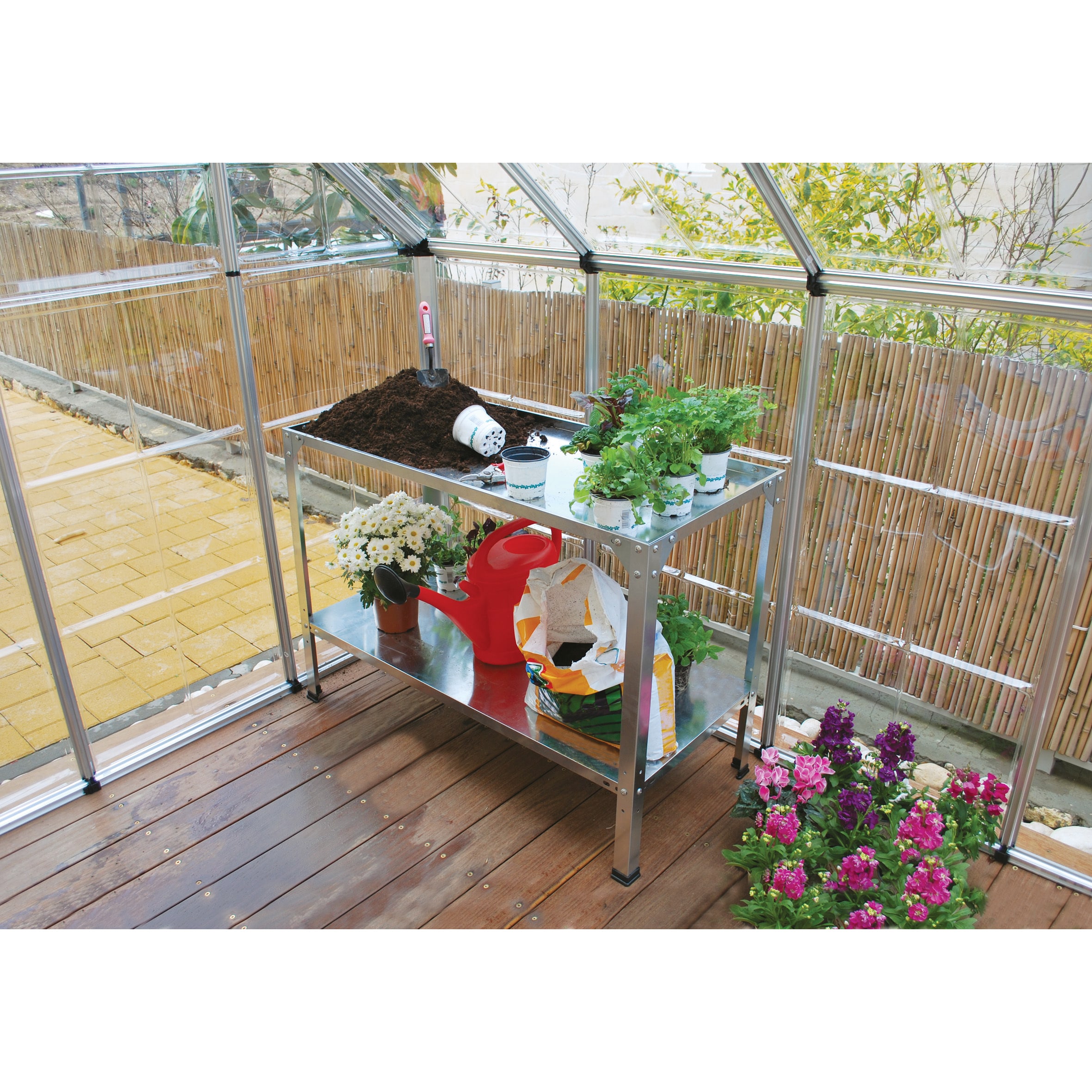 Greenhouse Accessory Bundle With Shelves, Work Bench, Auto Vent And Hangers