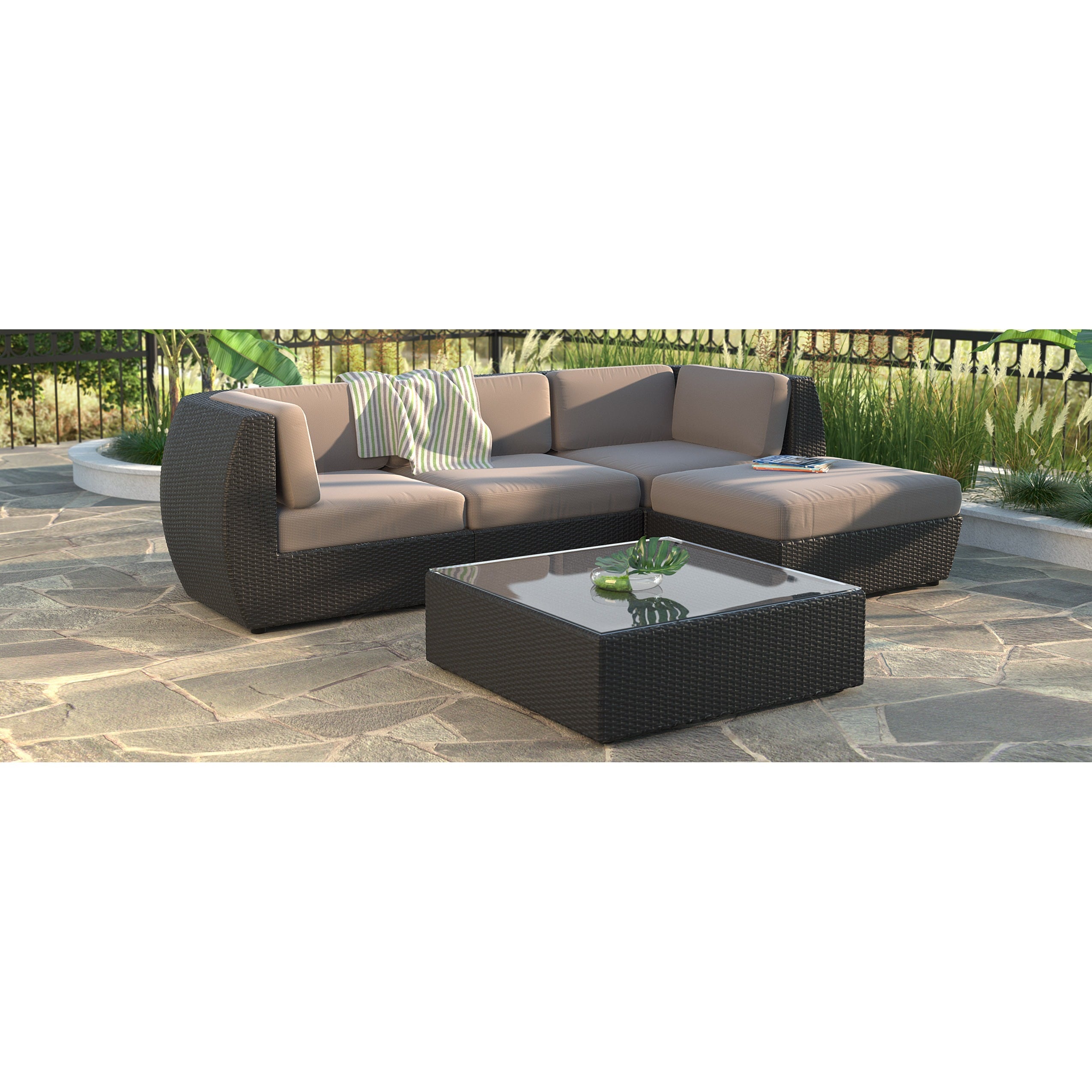 Corliving Seattle Curved 5 piece Sofa With Chaise Lounge Patio Set