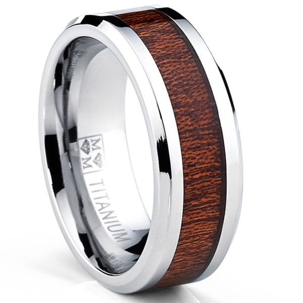 Oliveti Men's Titanium Real Wood Inlay Flat Top Band Comfort-fit Ring (8 mm) - Silver