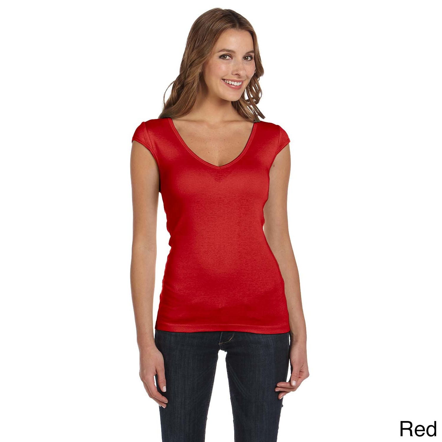 Bella Bella Womens Sheer Rib Deep V neck T shirt Red Size XXL (18)