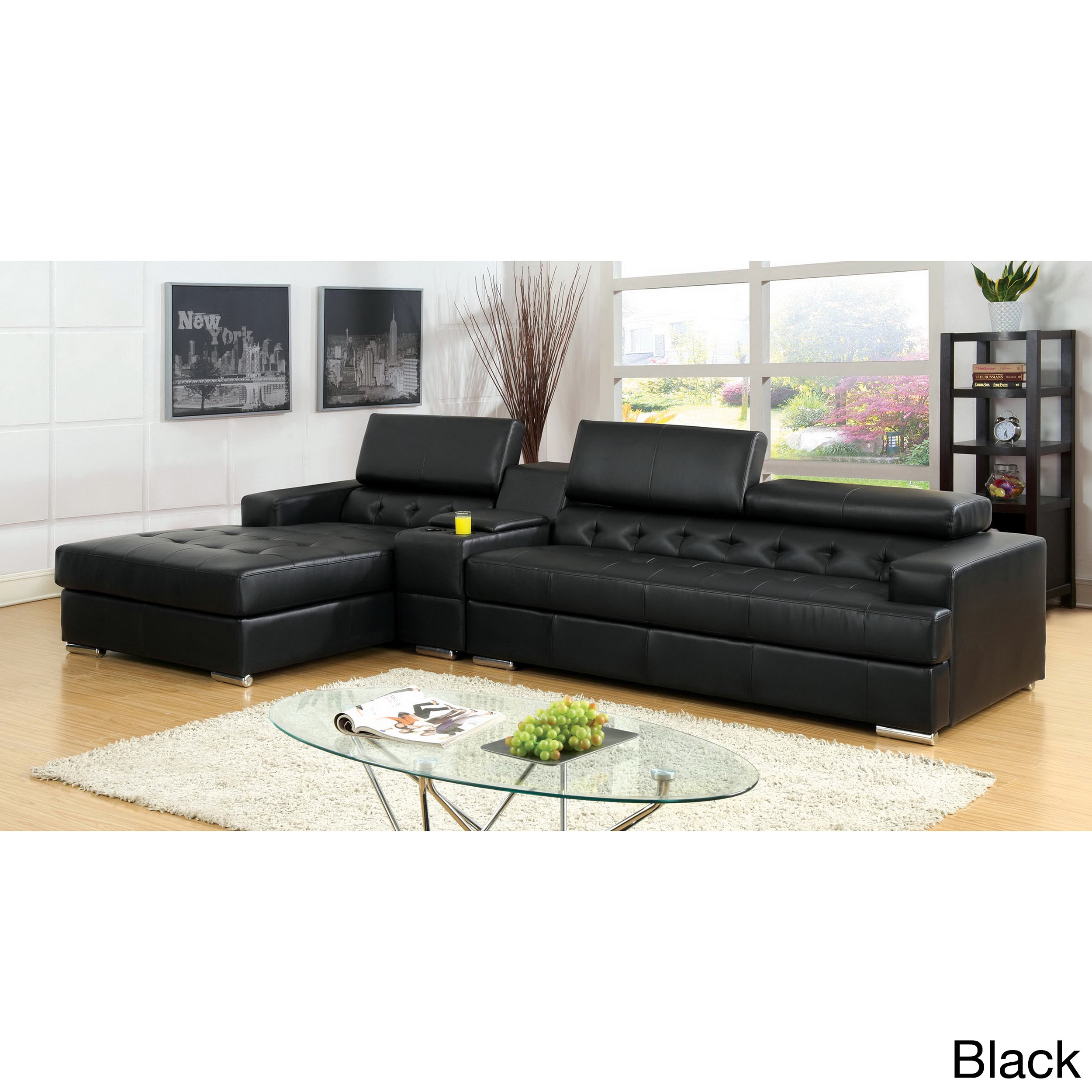 Furniture Of America Flori Pneumatic Gas Lift Headrest Bonded Leather Match Sectional With Storage Console