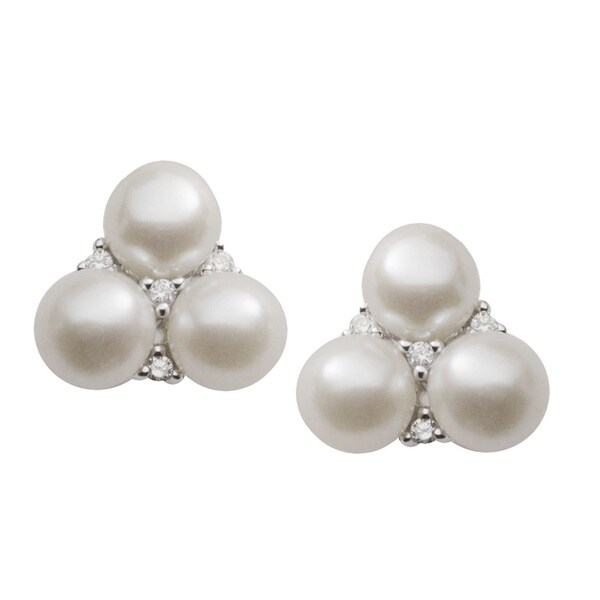 Pearls For You Sterling Silver White Freshwater Button 3-pearl & CZ ...