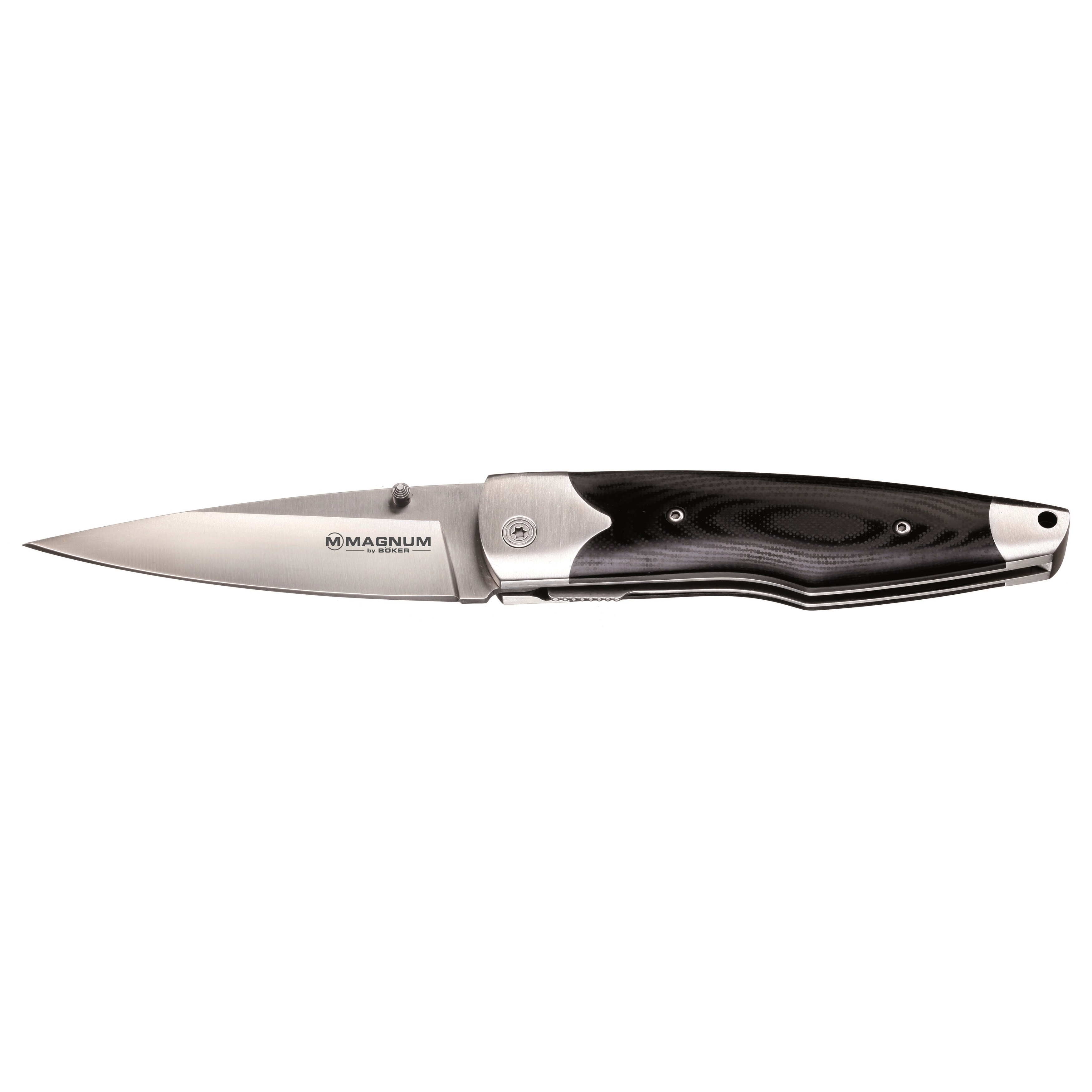 Boker Magnum Milan Tactical Pocket Knife (BlackBlade materials 440 stainless steelHandle materials Stainless steel/MicartaBlade length 3.875 inchesHandle length 4.875 inchesWeight 5.5 ouncesDimensions 8.75 inches high x 1 inch wide x 0.25 inch deepB