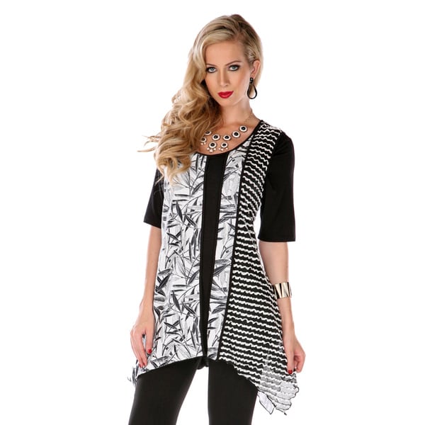 Women's Black/ White Mixed Print Trapeze Tunic 3/4 Sleeve Shirts