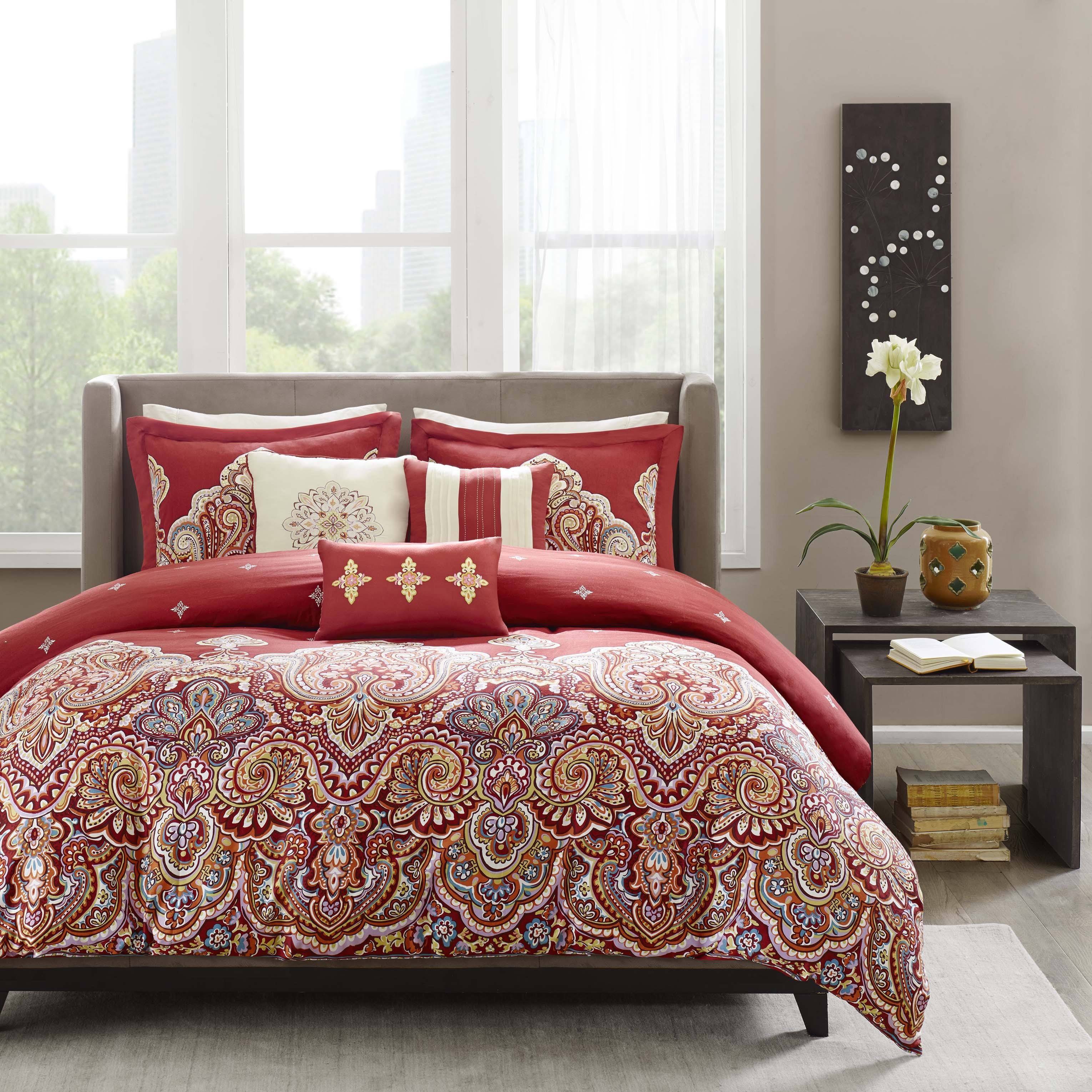 Madison Park Ralston Red Jacquard Cotton 6 piece Duvet Cover Set