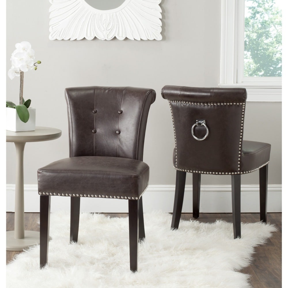 Safavieh Sinclair Antique Brown Bonded Leather Ring Chair (set Of 2) (Antique brownIncludes Two (2) chairsMaterials Birchwood, bonded leatherFinish EspressoSeat dimensions 19.3 inches wide x 16.9 inches deepSeat height 20.7 inchesDimensions 33.4 inc