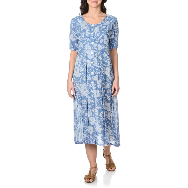 La Cera Women's Blue Floral Print Button front Long Dress La Cera Casual Dresses