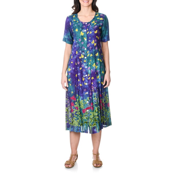 Shop La Cera Women's Teal Floral Print Button-front Long Dress - Free ...
