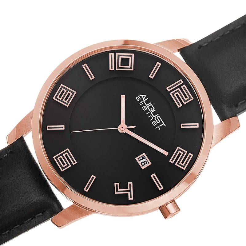 August Steiner Men's Ultra-Thin Swiss Quartz Leather Black Strap Watch