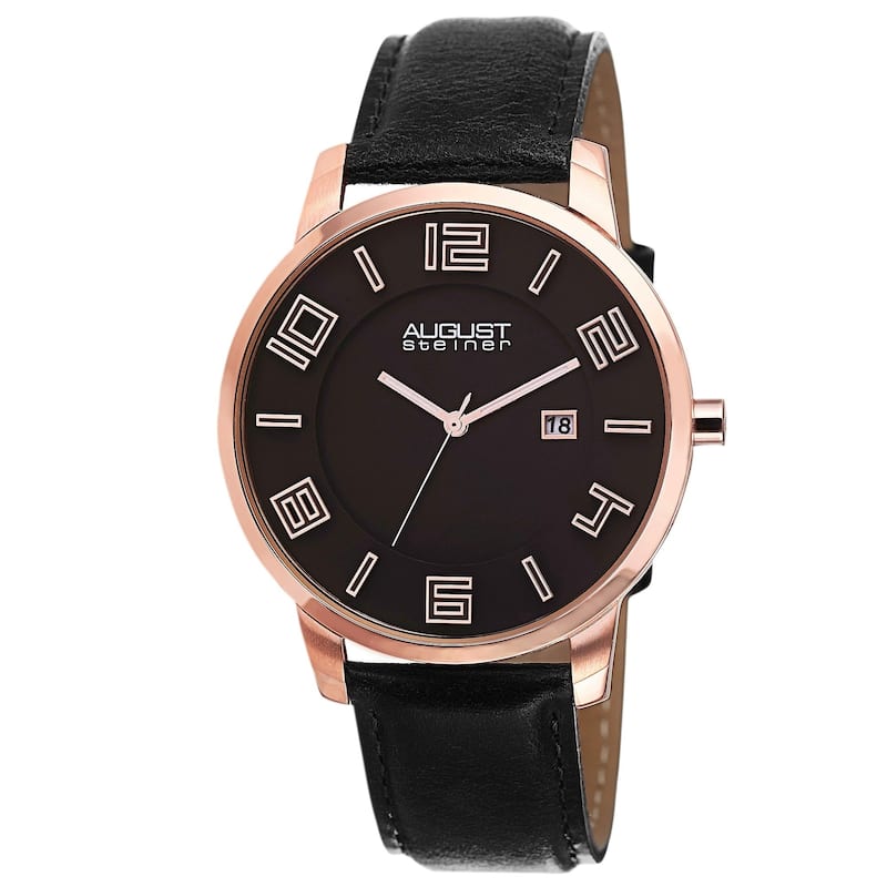 August Steiner Men's Ultra-Thin Swiss Quartz Leather Black Strap Watch