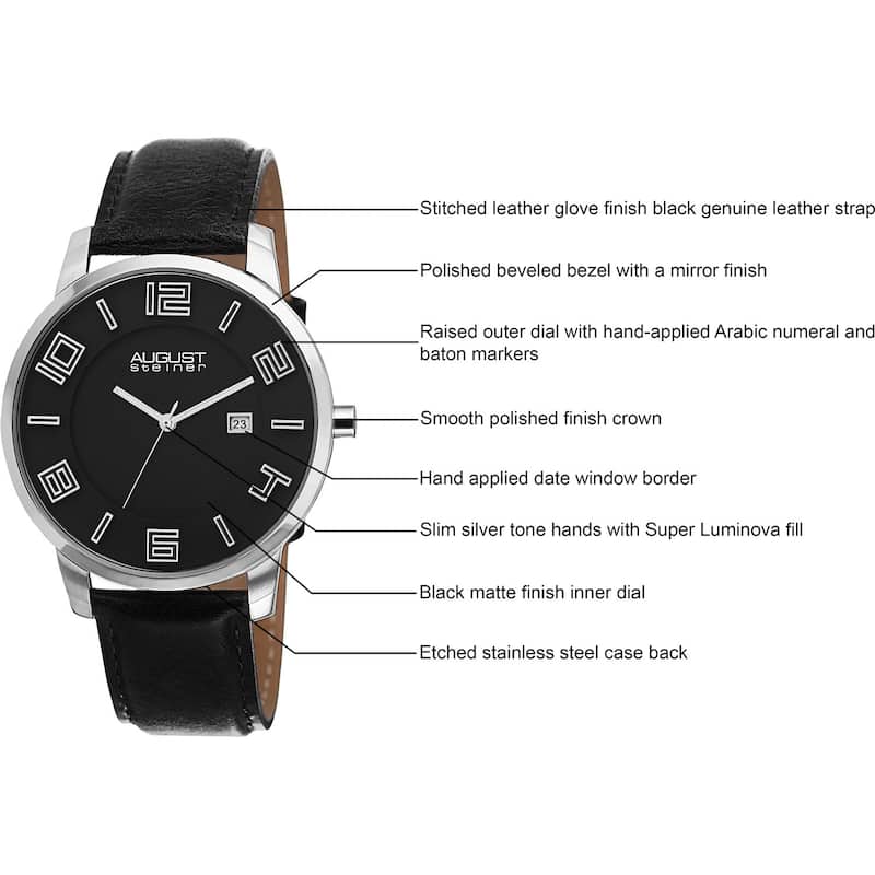 August Steiner Men's Ultra-Thin Swiss Quartz Watch with Leather Strap