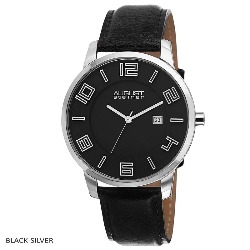 August Steiner Men's Ultra-Thin Swiss Quartz Watch with Leather Strap - Black-Silver