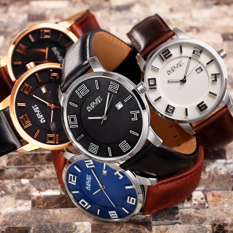 August Steiner Men's Ultra-Thin Swiss Quartz Watch with Leather Strap