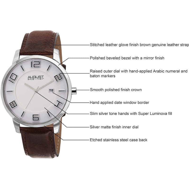 August Steiner Men's Ultra-Thin Swiss Quartz Leather Brown Strap Watch
