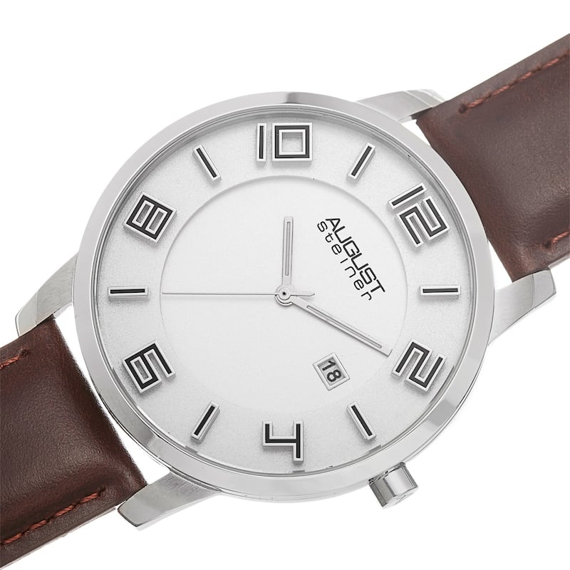 August Steiner Men's Ultra-Thin Swiss Quartz Leather Brown Strap Watch