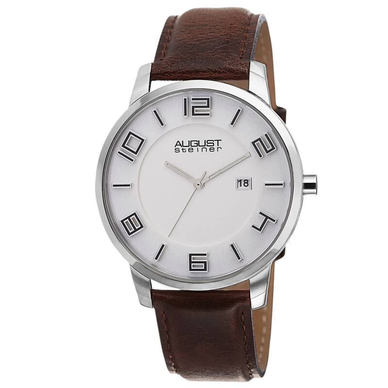 August Steiner Men's Ultra-Thin Swiss Quartz Leather Brown Strap Watch