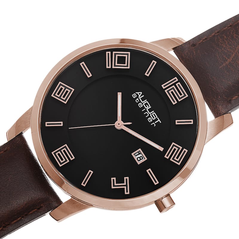 August Steiner Men's Ultra-Thin Swiss Quartz Leather Rose-Tone Strap Watch