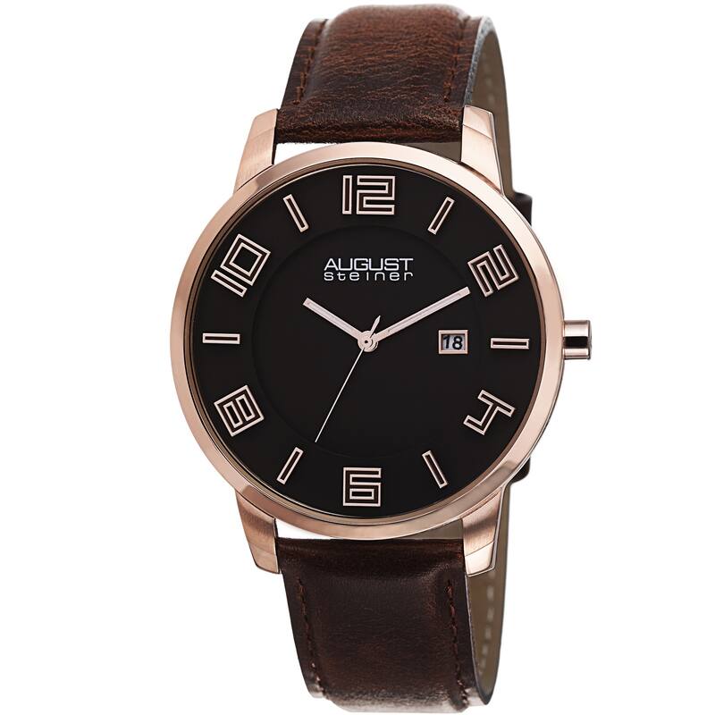 August Steiner Men's Ultra-Thin Swiss Quartz Leather Rose-Tone Strap Watch