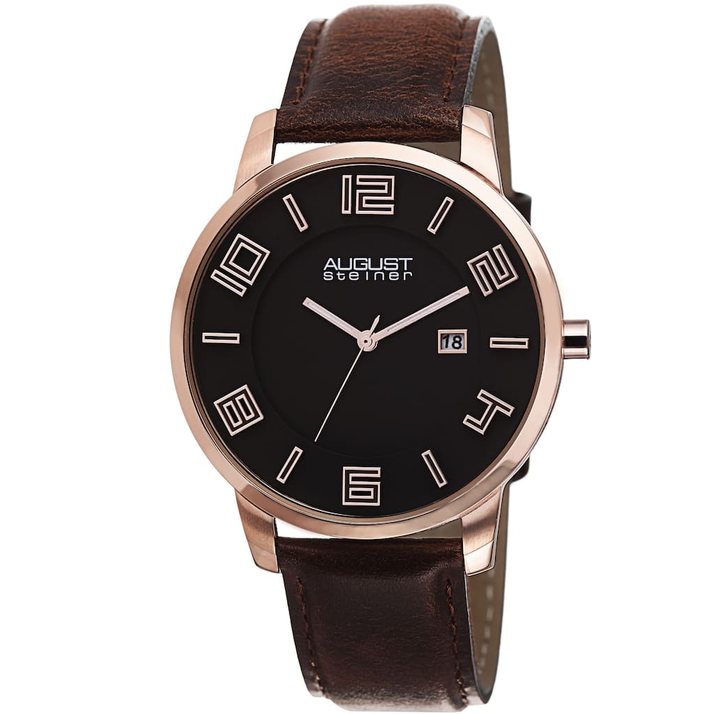 August Steiner Men's Ultra-Thin Swiss Quartz Leather Rose-Tone Strap Watch