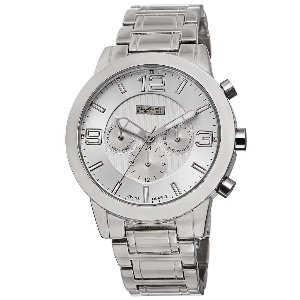 August Steiner Men's Swiss Quartz Multifunction Silver-Tone Bracelet Watch