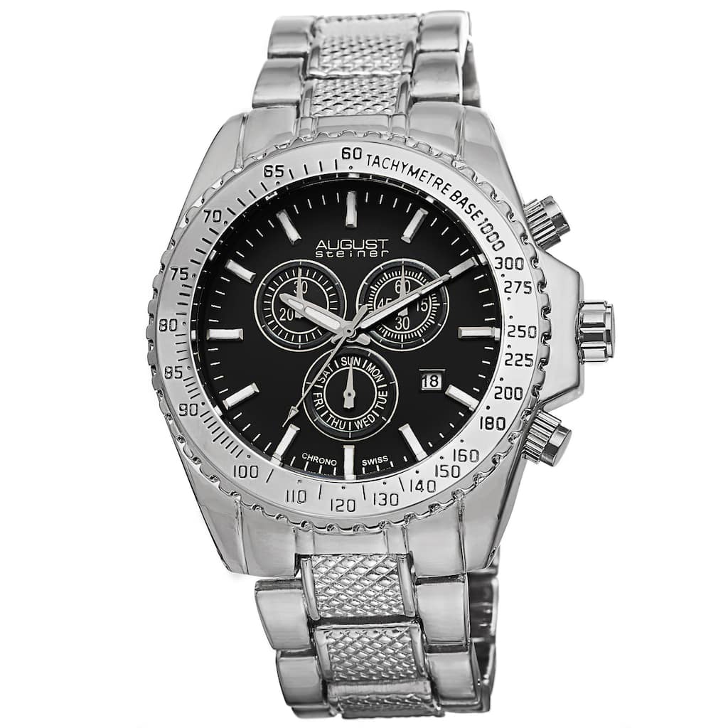 August Steiner Men's Tachymeter Swiss Quartz Chronograph Silver-Tone Bracelet Watch