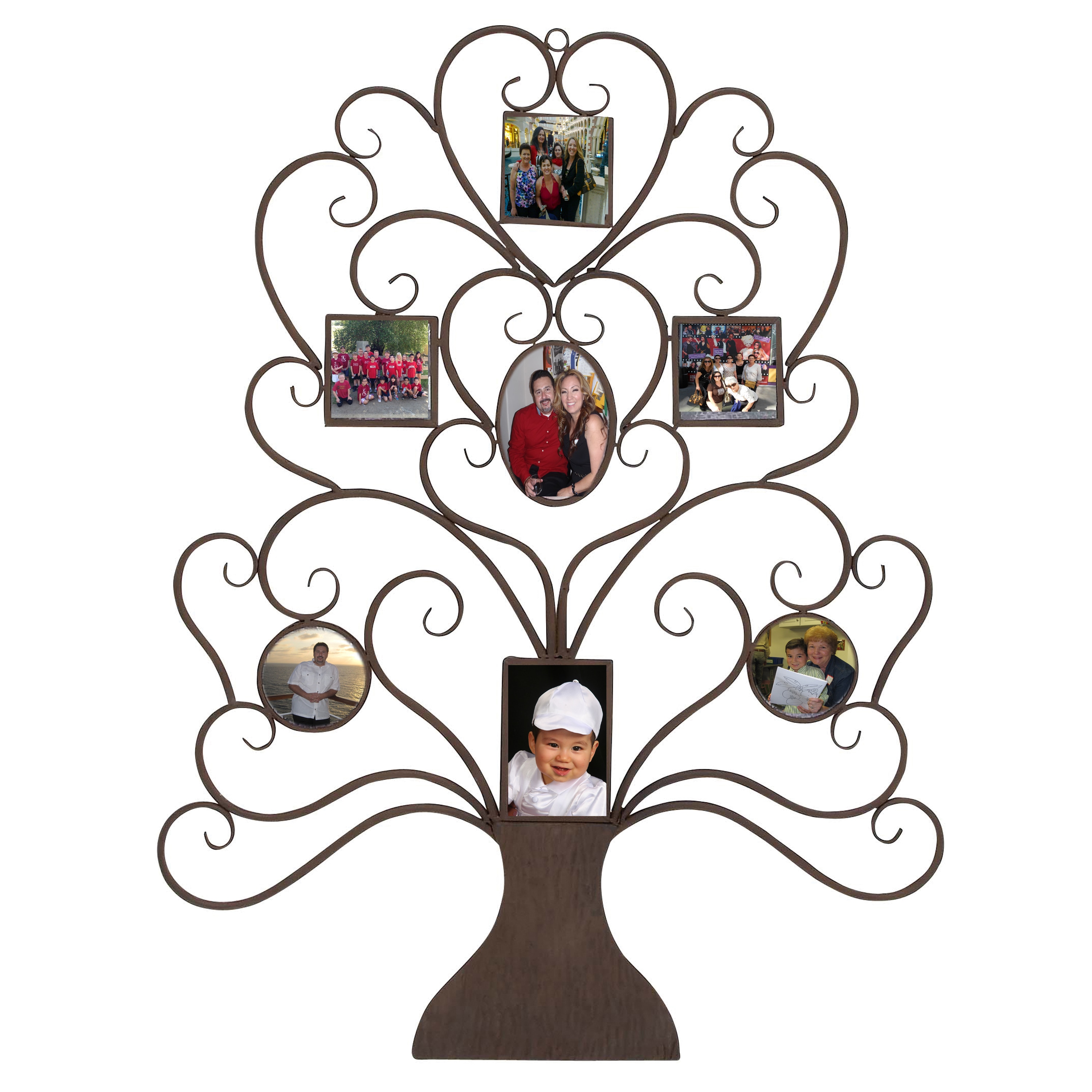 Family Tree Photo Frame Large 40 inch Metal Wall Art Decor (MetalQuantity One (1) frameSetting IndoorDimensions 39 inches high x 29 inches wide x 0.5 inches deepHouses seven (7) photos)