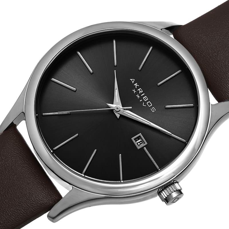 Akribos XXIV Classic Men's Sunray Dial Leather Brown Strap Watch - black