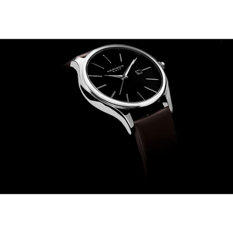 Akribos XXIV Classic Men's Sunray Dial Leather Brown Strap Watch - black