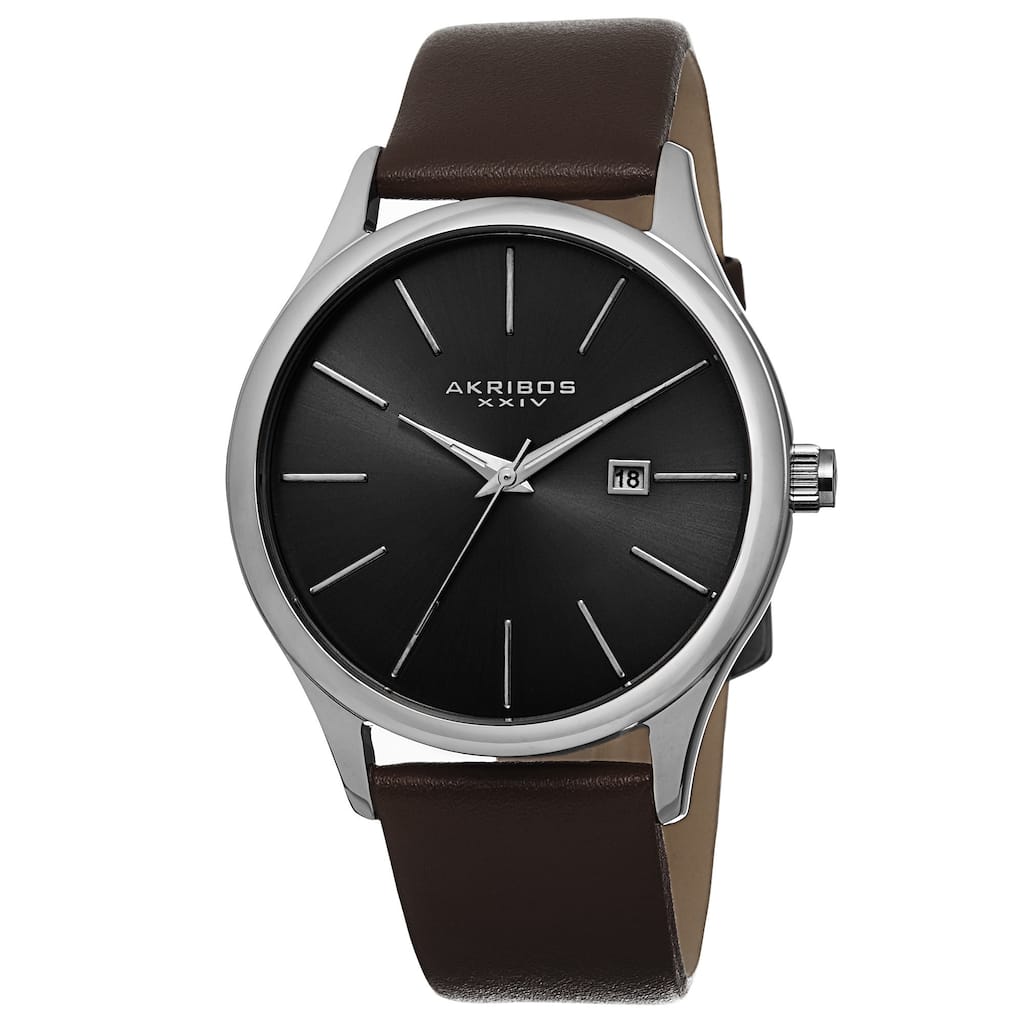 Akribos XXIV Classic Men's Sunray Dial Leather Brown Strap Watch - black