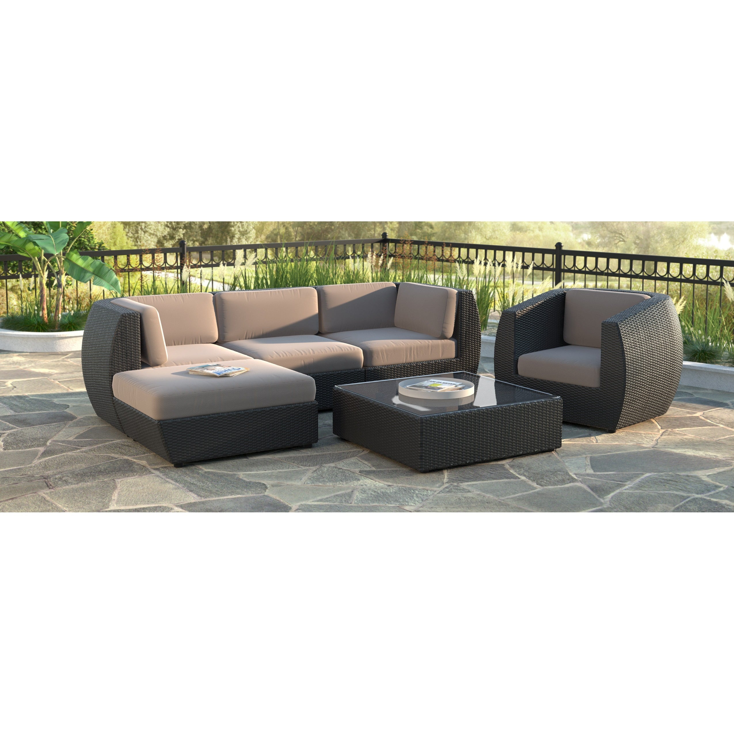 Corliving Corliving Seattle Curved 6 piece Sofa With Chaise Lounge And Chair Patio Set Black Size 6 Piece Sets