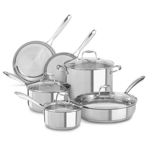 KitchenAid Stainless Steel Cookware/Pots and Pans Set, 10 Piece, Brushed  Stainless Steel
