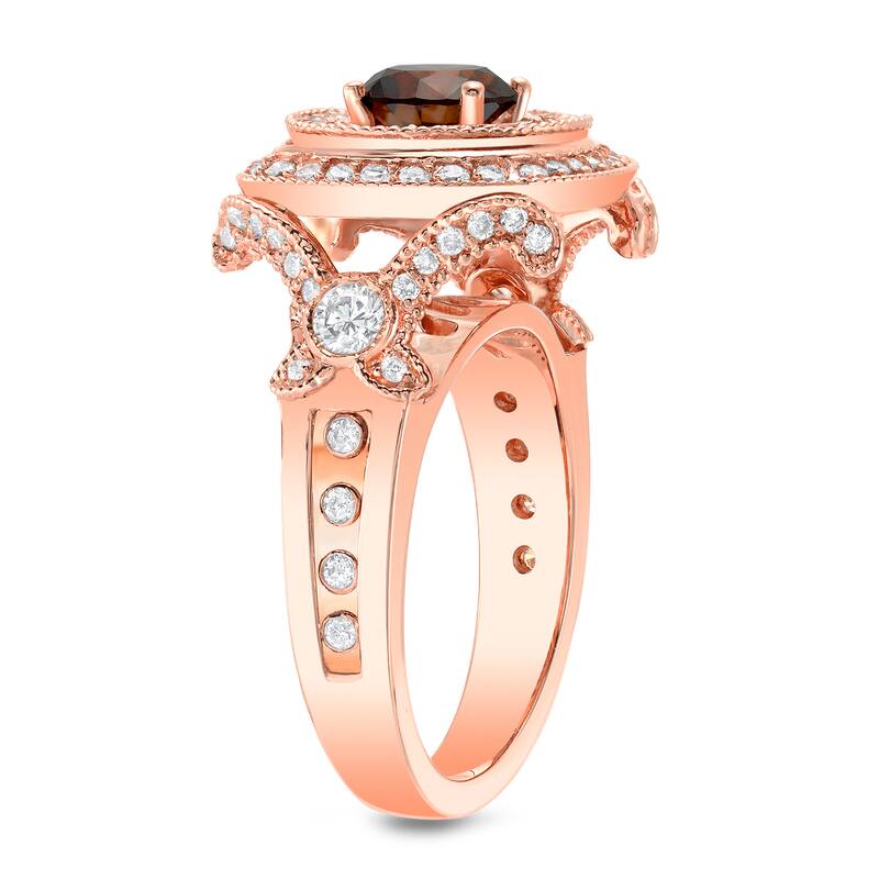 14k Rose Gold Vintage Inspired 2ct TDW Double Halo Brown Diamond Engagement Ring by Auriya