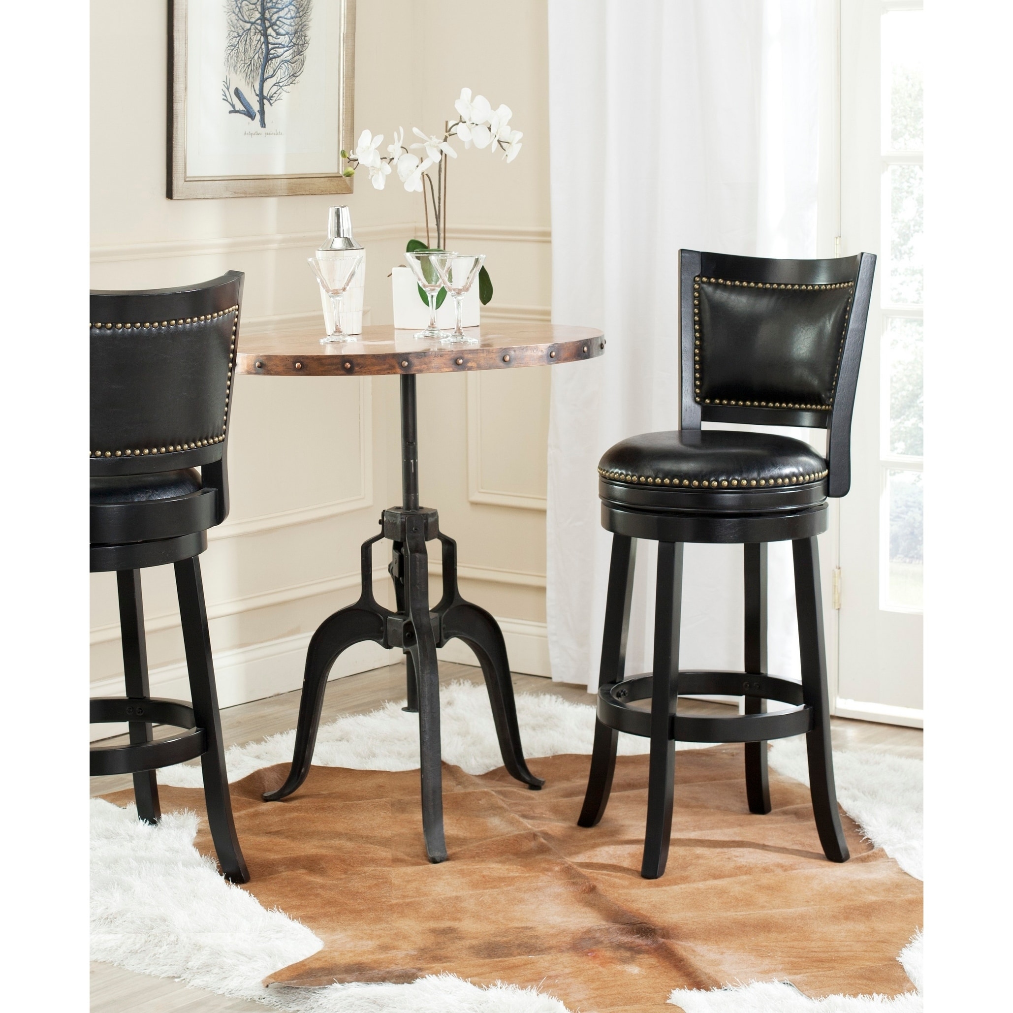 Safavieh Lazzaro Black/ Black Seat Bar Stool (Black/ Black SeatIncludes One (1) stoolMaterials Rubberwood, MDF and PU fabricFinish BlackSeat dimensions 17 inches width and 17.25 inches depthSeat height 29 inchesDimensions 43.5 inches high x 20.5 inc