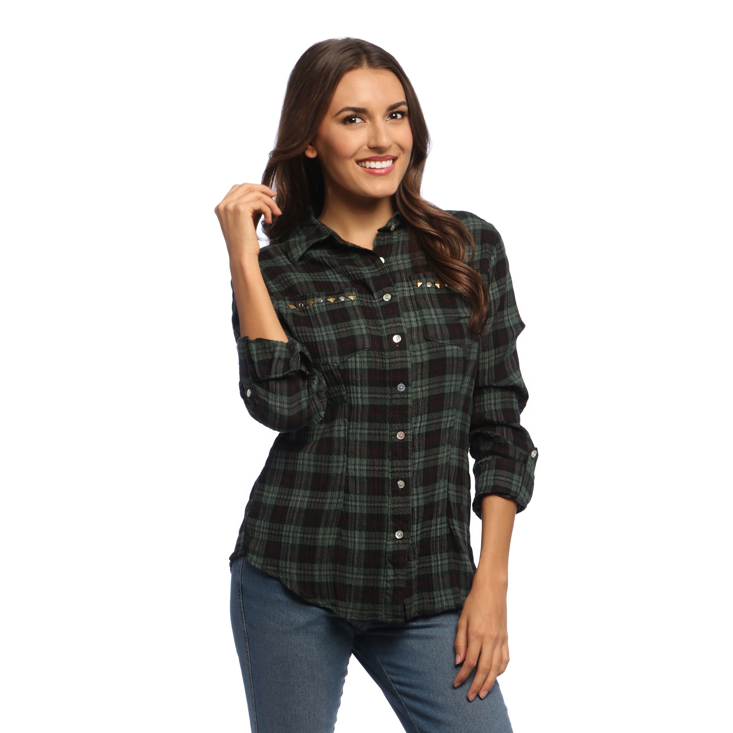 Womens Olive and Black Plaid Rolled Sleeve Shirt   Shopping
