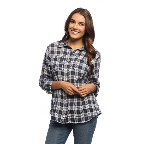 Shop Live A Little Women's Navy/ White Plaid Rolled Sleeve Shirt - Free ...