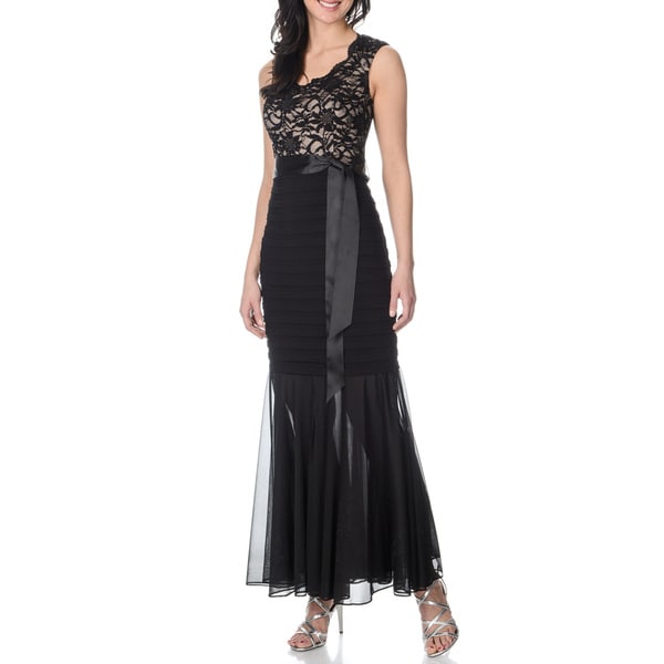 R & M Richards Women's Black/ Taupe Shutter Tuck Mermaid Gown R & M Richards Evening & Formal Dresses