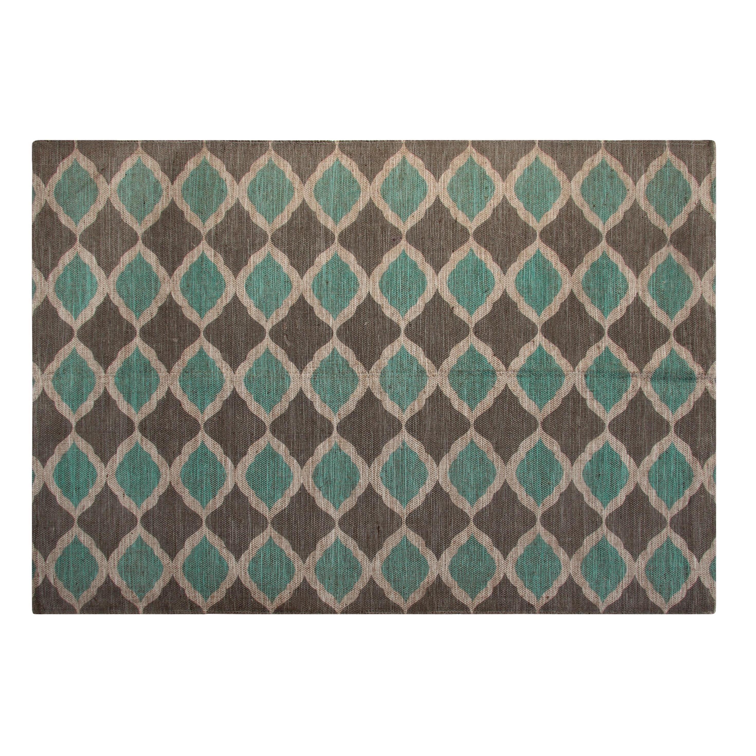 Turquoise And Taupe Matrix Jute/ Cotton Printed Area Rug (5x7)