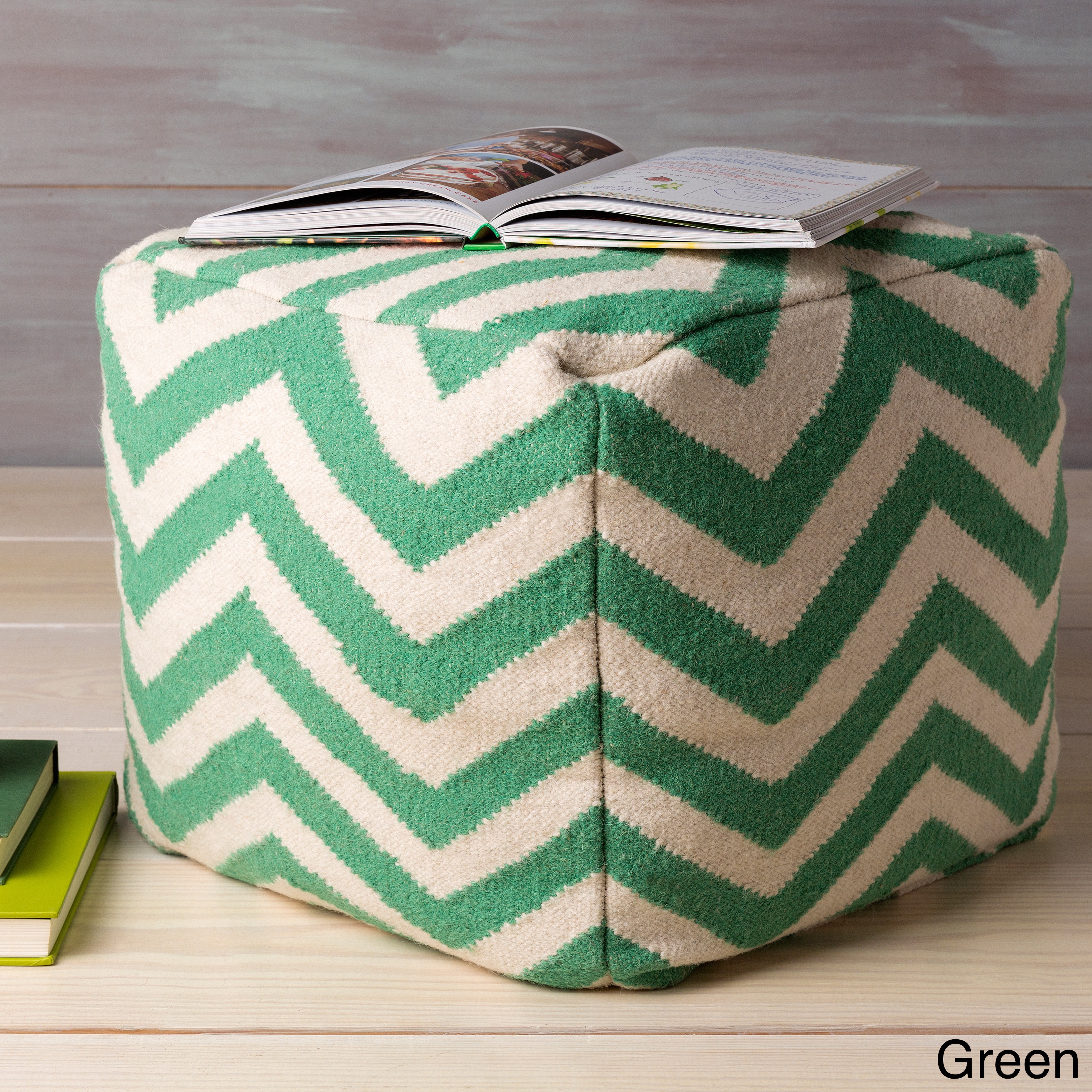 Surya Carpet, Inc Wave Large Chevron 18 inch Cube Pouf Green Size Specialty