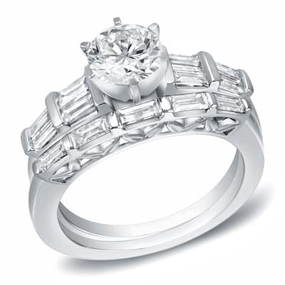 Auriya 14k White Gold 2ct TDW Certified Round and Baguette Diamond Bridal Ring Set (H-I, SI1-SI2)