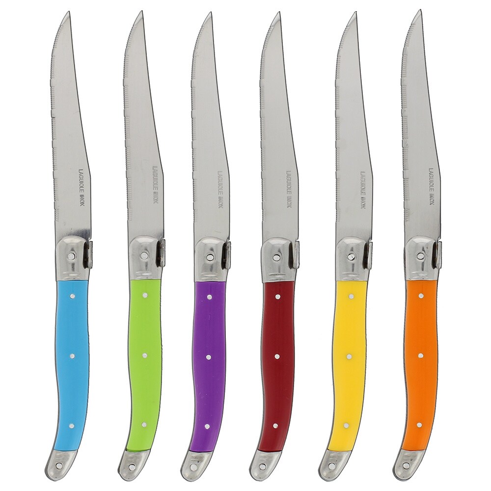 French Home 6 piece Multi colored Handles Laguiole Style Steak Knives Set