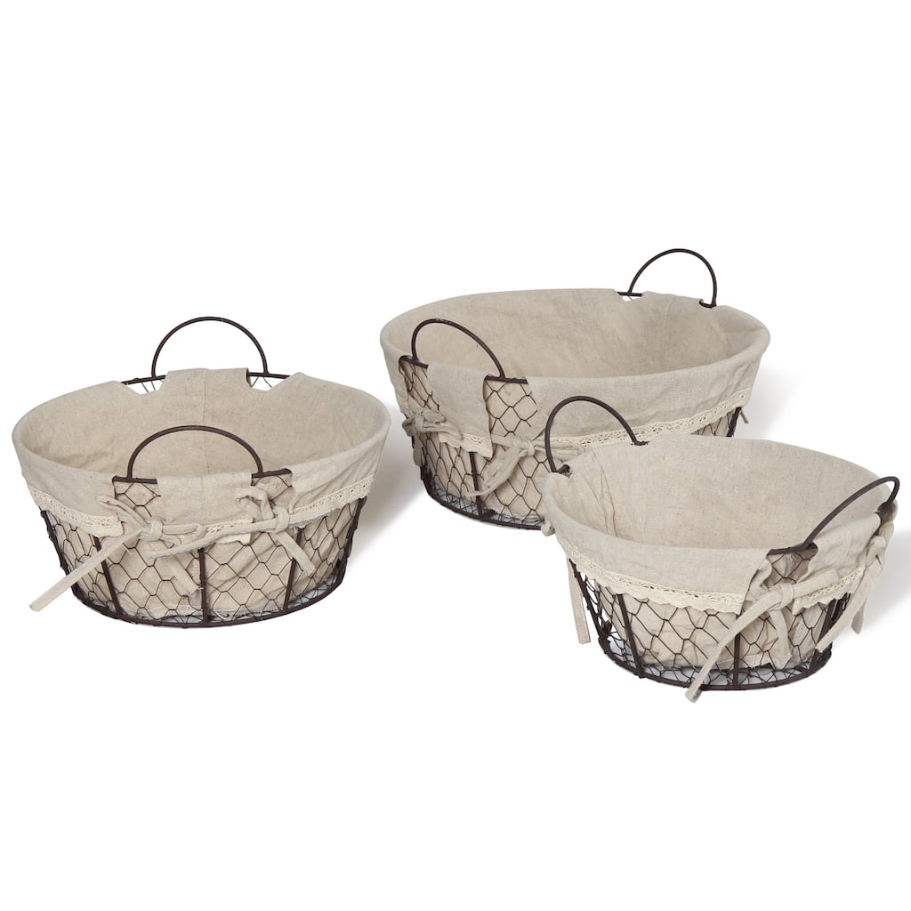 Oval-shaped Lined Rustic Baskets (Set of 3)