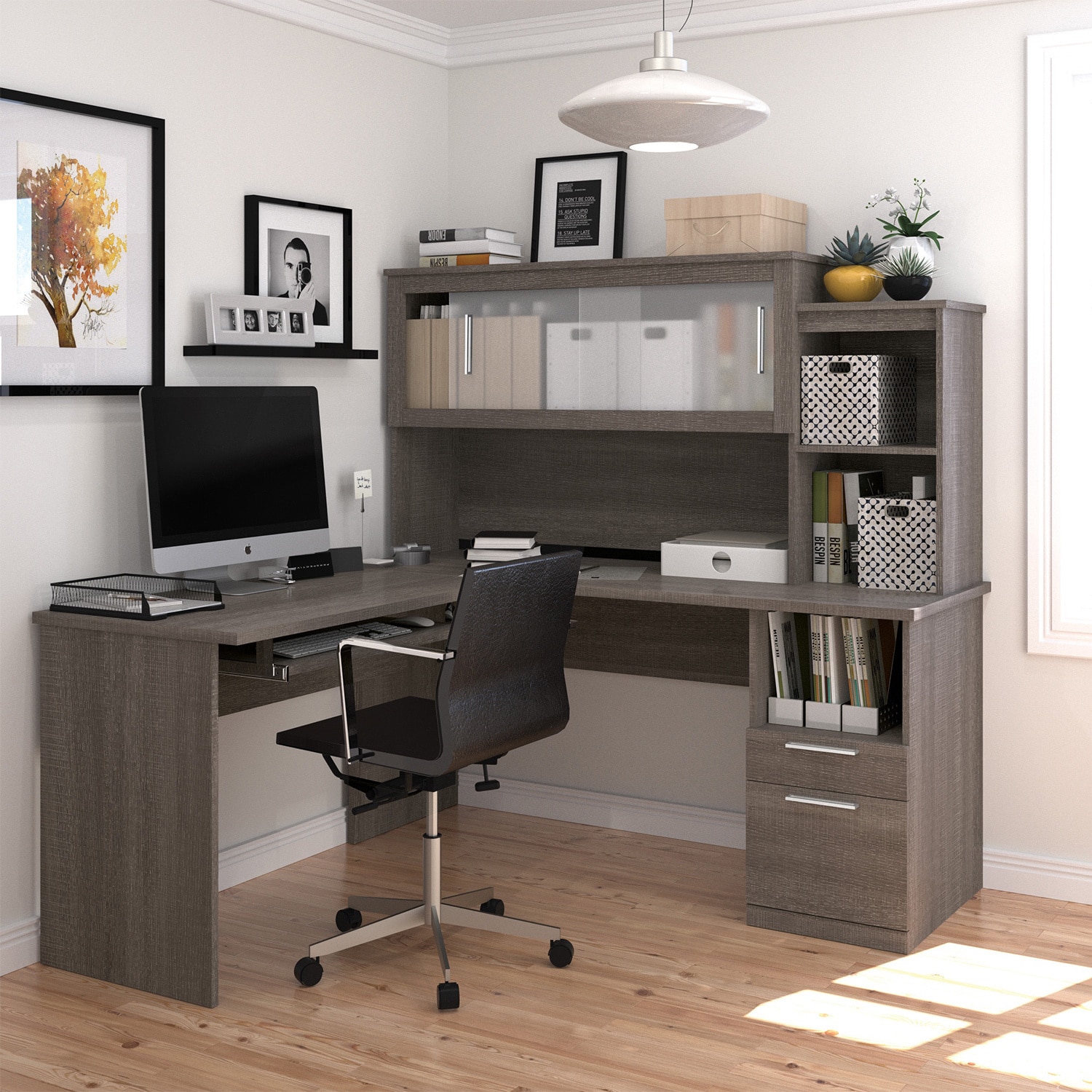 Bestar Dayton 65W Computer Desk with Pedestal and Hutch