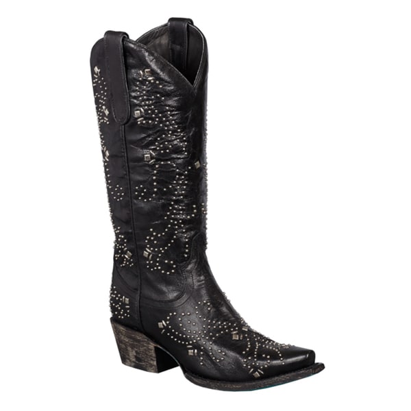 Women's 'Alyssa' Black Leather Silvertone Studded Cowboy Boots ...